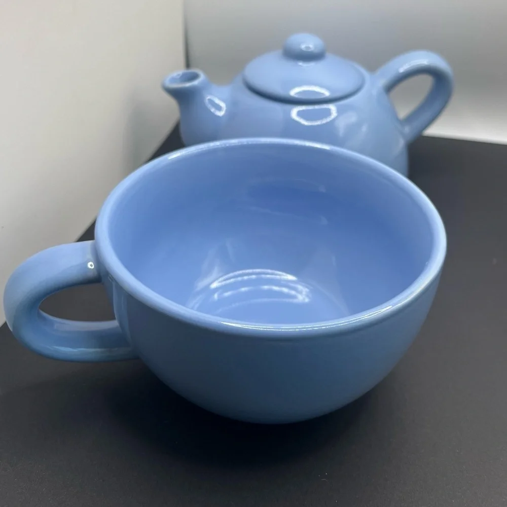 Pier 1 Blue Ceramic Stoneware Tea For One Stackable Teapot Excellent Condition